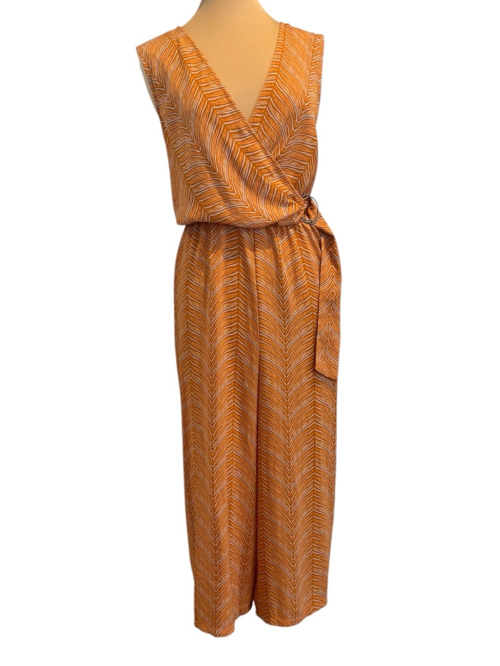 Winslow Orange Tan Geometric Faux Wrap Sleeveless Jumpsuit 2X